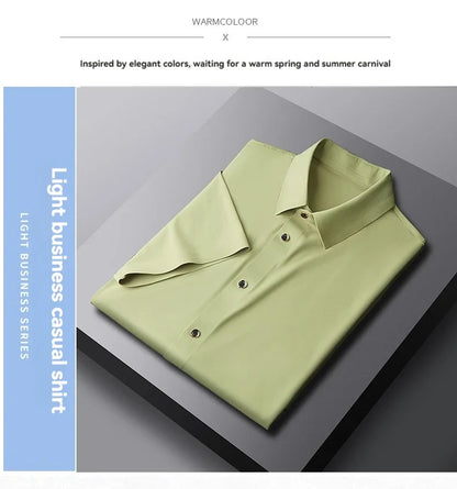 Nova alta qualidade de seda gelo negócios masculinos casual camisa de manga curta verão ultra-fino respirável esportes ao ar livre cor sólida topo