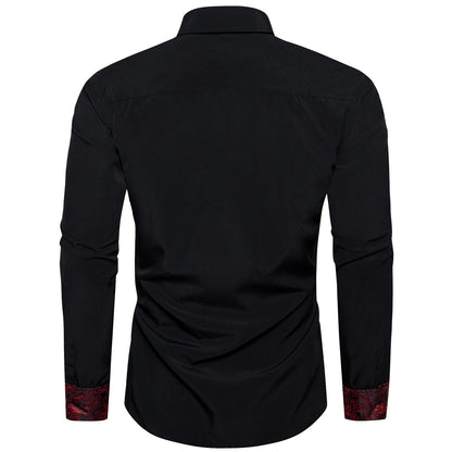 DiBanGu Camisa Masculina de Manga Longa Preto Sólido Vermelho Paisley Cor Contraste Moda Vestido Camisa para Homens Gola Botão para baixo Roupas Masculinas