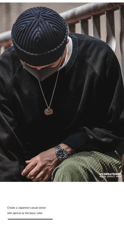 Maden-Hoodies grandes vintage masculino, moletom solto de algodão, monocromático, espesso, moletons quentes, casual, tricô, roupas masculinas