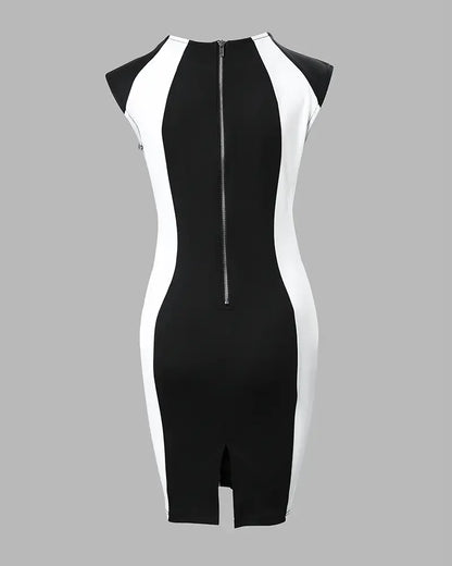 Mulheres elegantes vestidos de festa clube 2025 verão moda colorblock em torno do pescoço bodycon vestido sem mangas casual mini vestido preto