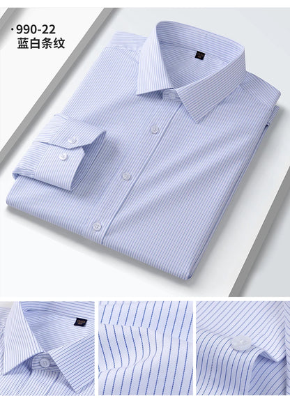 Camisa elástica anti-rugas masculina, manga comprida, slim fit, blusa social e de negócios, vestido branco, qualidade