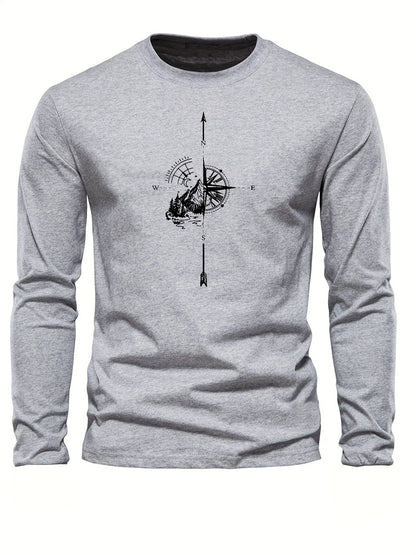 100% algodão puro masculino solto ajuste confortável esportes e lazer montanha bússola padrão impresso em torno do pescoço manga comprida camiseta