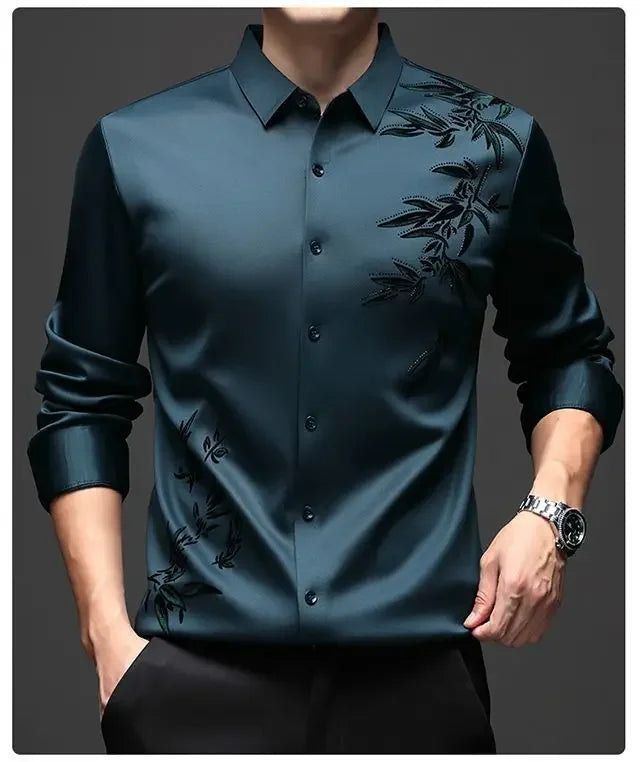 Outono inverno mais lã camisas masculinas impressão anti-rugas térmica turn-down colarinho manga longa banquete único breasted topos