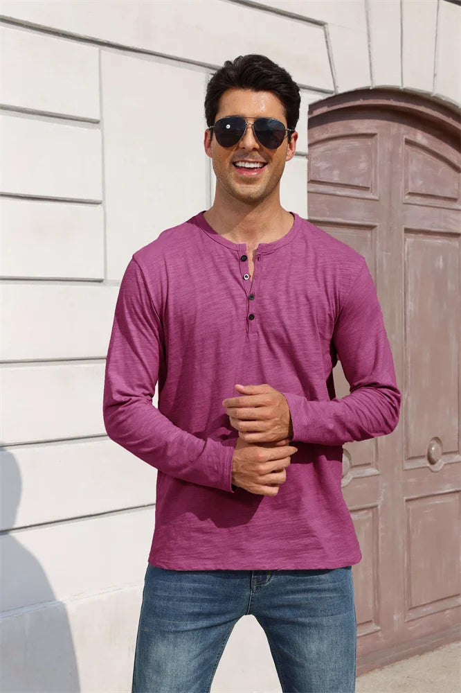 Outono nova camiseta masculina de manga longa casual estilo simples henley pescoço respirável leve algodão topos moda masculina