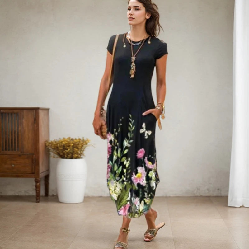 Vestidos de festa de verão novo casual moda impresso vestidos de bolso vintage floral impressão manga curta vestidos arty para mulher