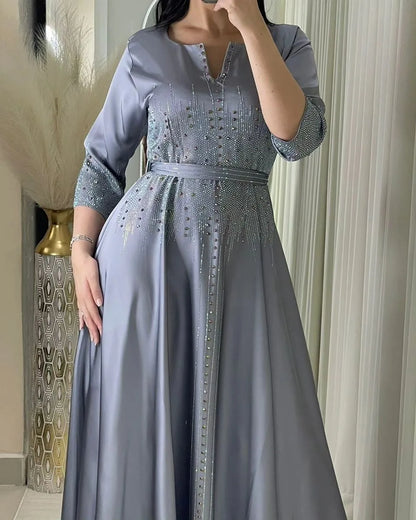 Vestido muçulmano de cetim para mulheres, Abaya Dubai, roupão de jantar, roupas diamantadas, moda