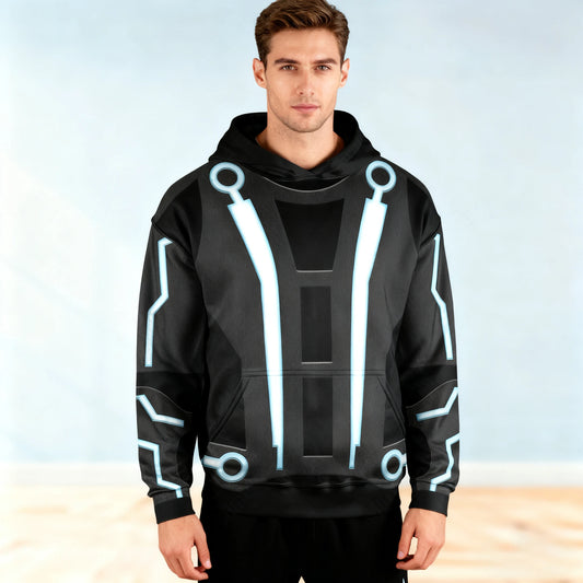 Moletom masculino com tema TRON azul claro, padrão de circuito de ficção científica, roupa casual diária para outono inverno, ideal para camadas ou agasalhos
