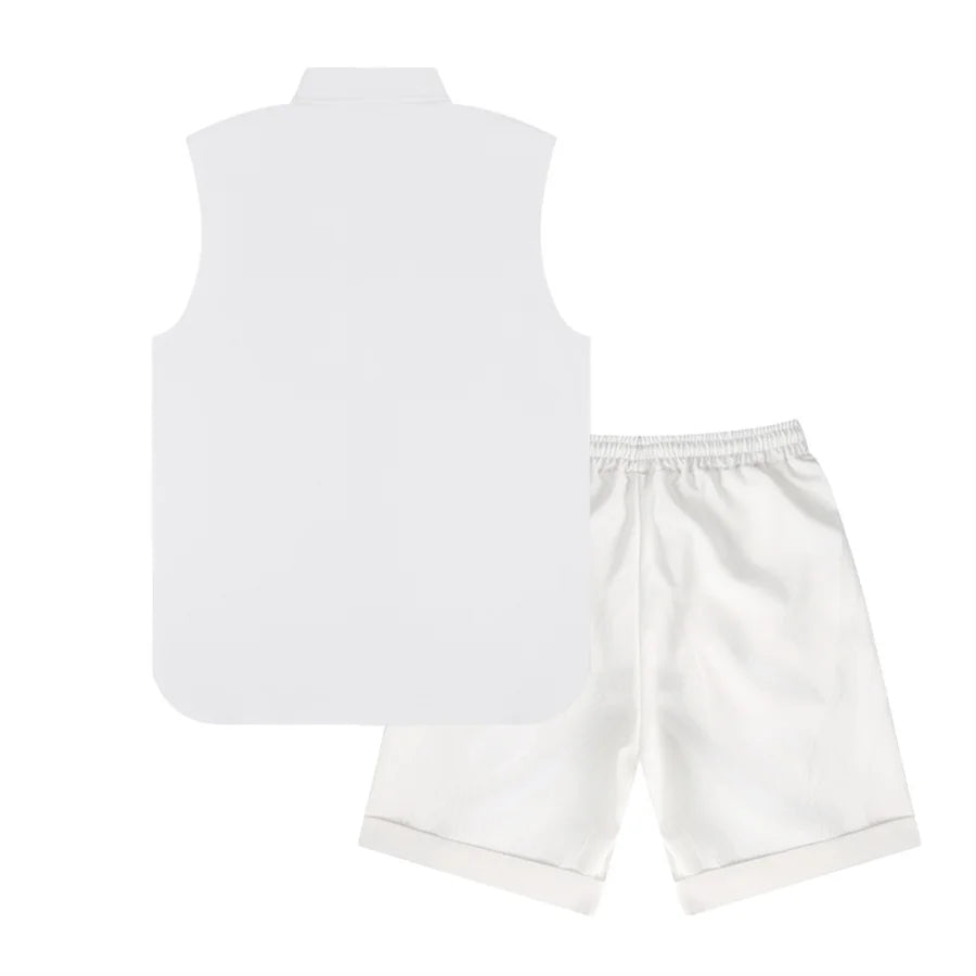 Novo verão 2 peças casual todos os dias lapela shorts conjunto havaiano cor sólida sem mangas camisa masculina praia shorts