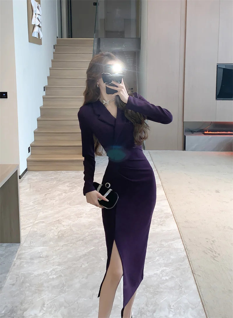 Purpled elegante plissado bodycon terno vestido para mulher 2025 moda coreana vestido formal outono inverno chique sob medida vestido de ocasião