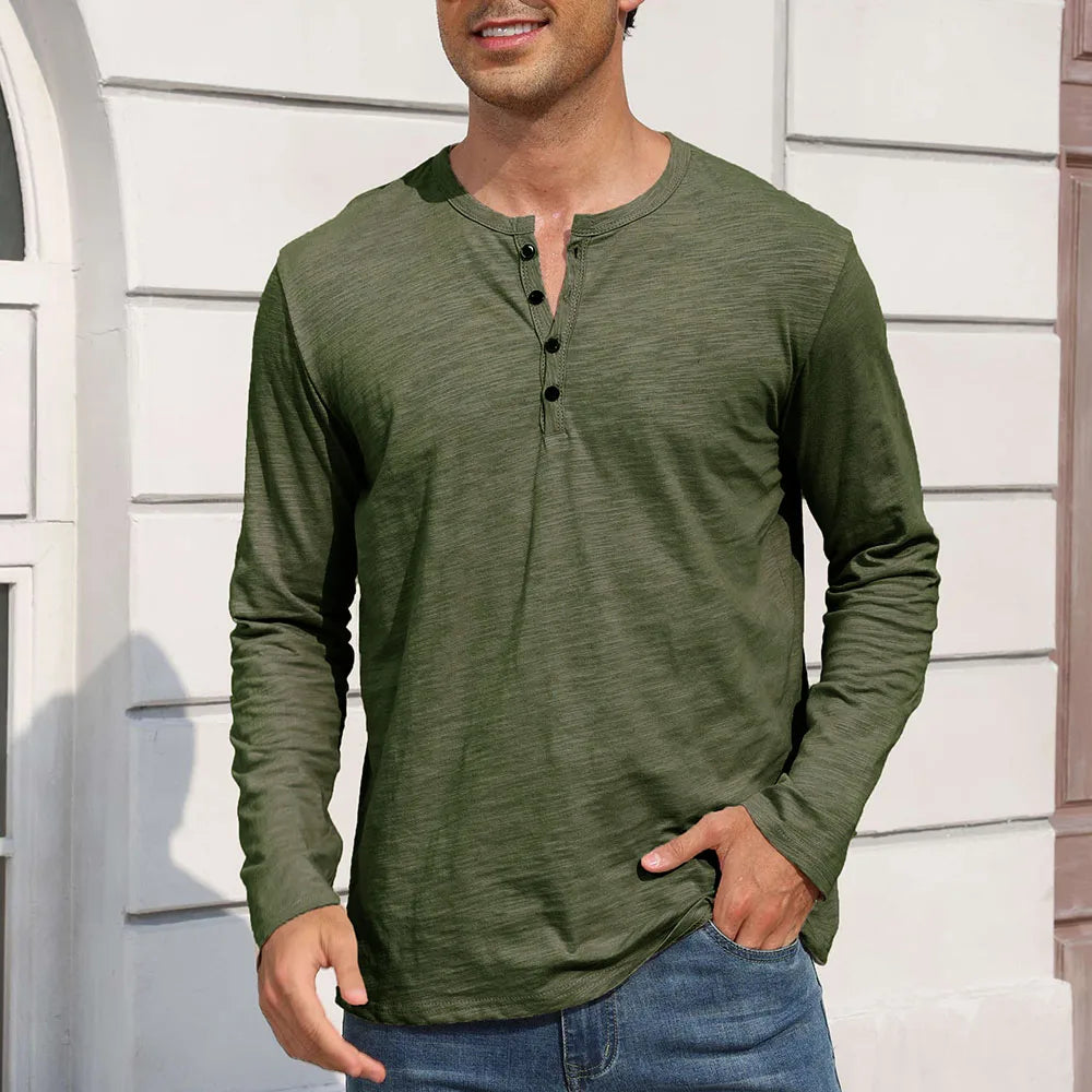 Outono nova camiseta masculina de manga longa casual estilo simples henley pescoço respirável leve algodão topos moda masculina