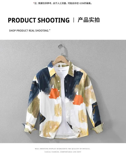 Primavera japonês cor-bloqueio graffiti design camisa de manga comprida personalidade na moda masculina solta casual impressão versátil