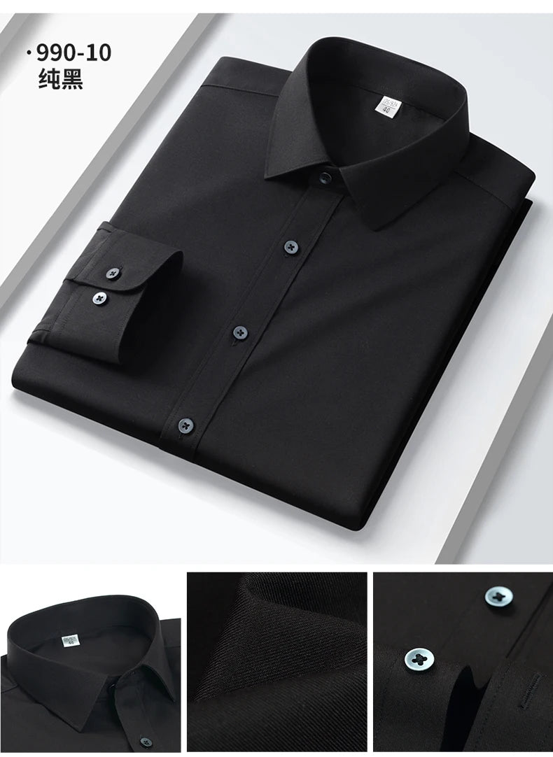 Camisa elástica anti-rugas masculina, manga comprida, slim fit, blusa social e de negócios, vestido branco, qualidade