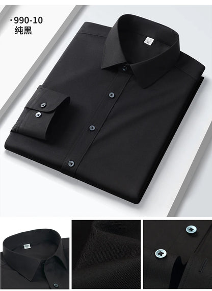 Camisa elástica anti-rugas masculina, manga comprida, slim fit, blusa social e de negócios, vestido branco, qualidade