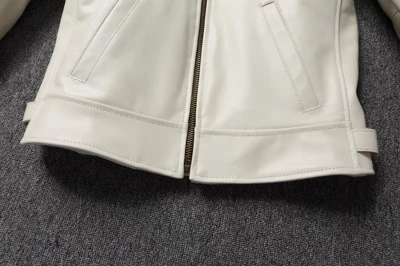 Jaqueta de couro genuíno masculino lapela branca jaqueta de pele de bezerro natural casaco masculino fino ajuste camada superior jaqueta de motociclista
