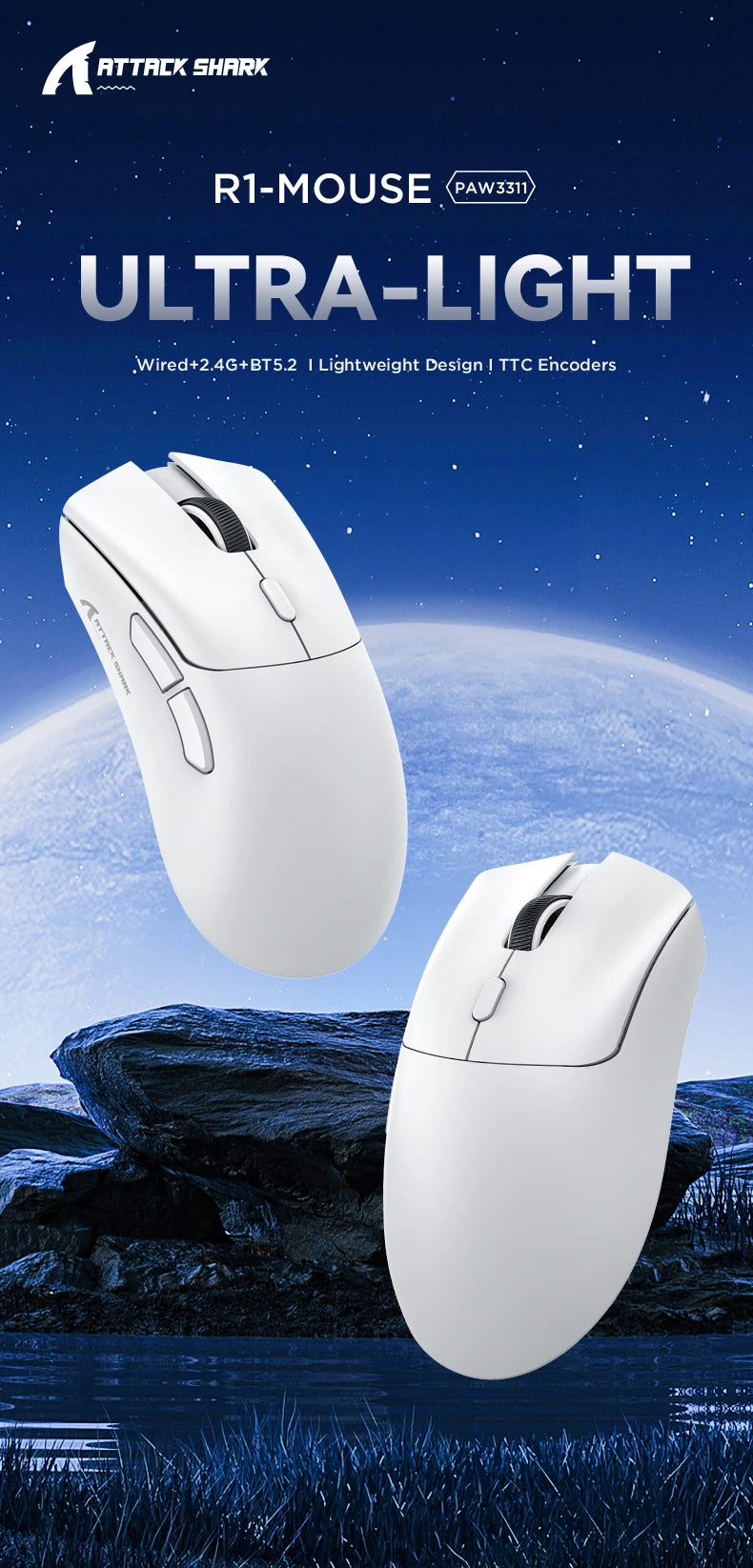 Mouse sem fio Attack Shark R1 18000dpi, 1000 Hz PAW3311, conexão Bluetooth tri-mode, mouse macro para jogos