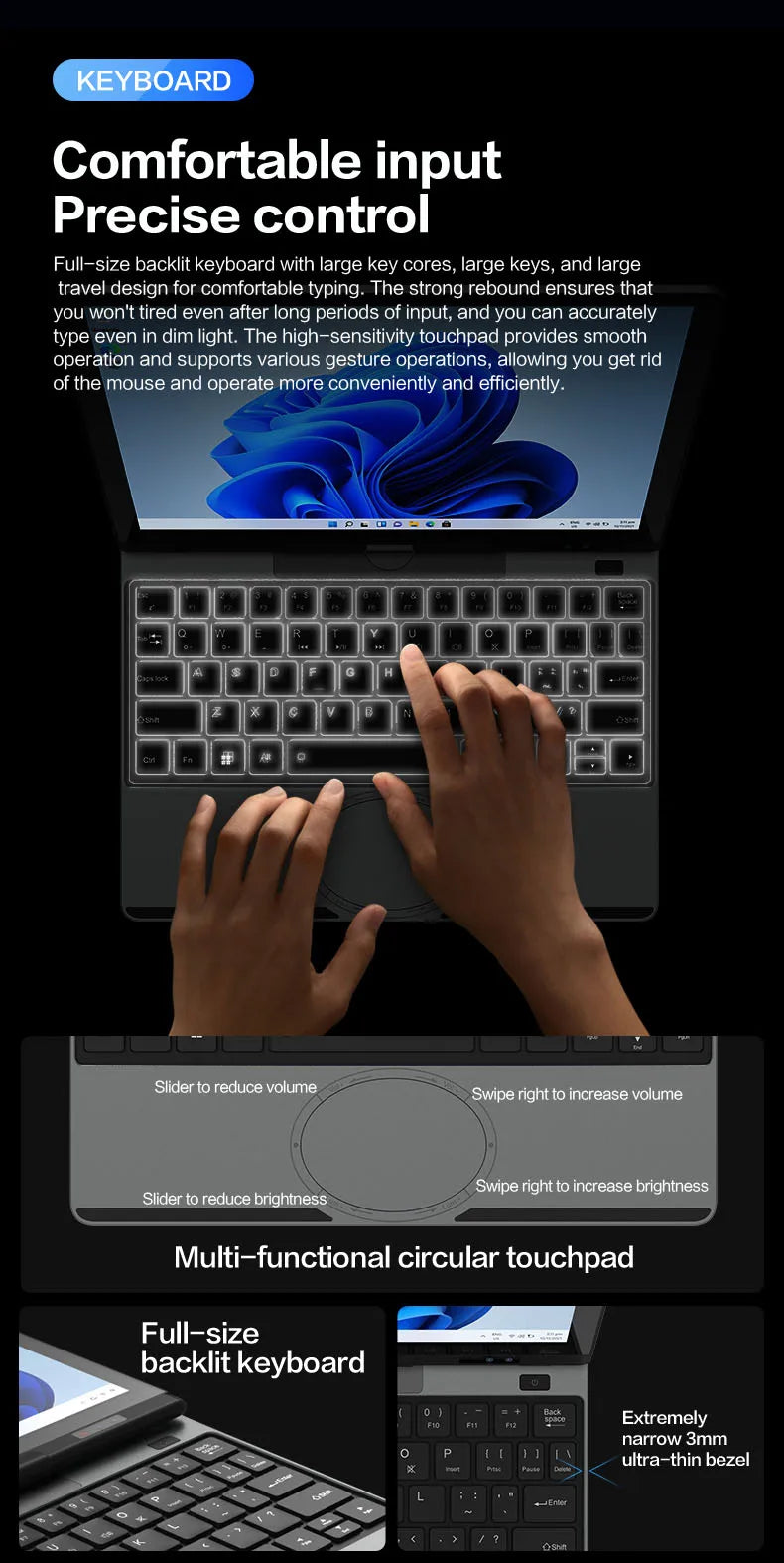 Crelander Yoga Laptop 360° Rotação CPU Intel N150 10,5" Tela sensível ao toque 2K 60Hz Taxa de atualização M2 SSD Desbloqueio facial Mini Laptop