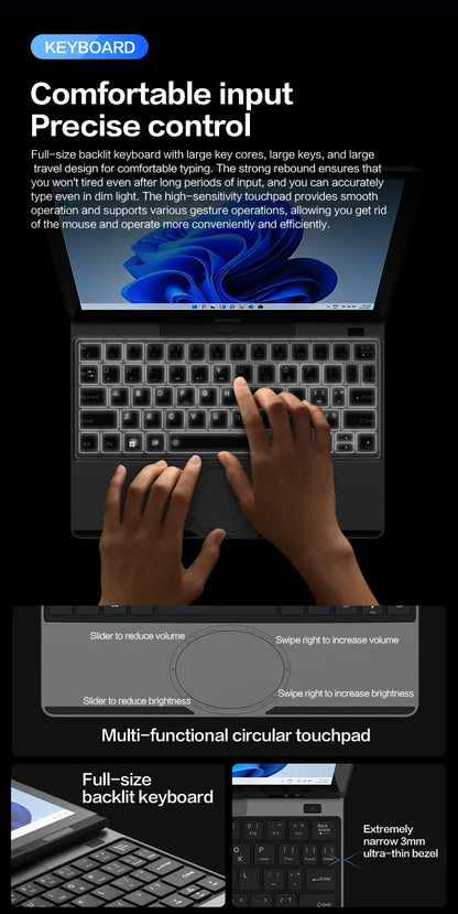 Crelander Yoga Laptop 360° Rotação CPU Intel N150 10,5" Tela sensível ao toque 2K 60Hz Taxa de atualização M2 SSD Desbloqueio facial Mini Laptop