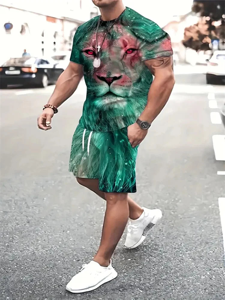 Camiseta e calções com estampa besta leão masculina, impressão 3D de bloqueio colorido, fato esportivo gola o, rua casual, verão, novo