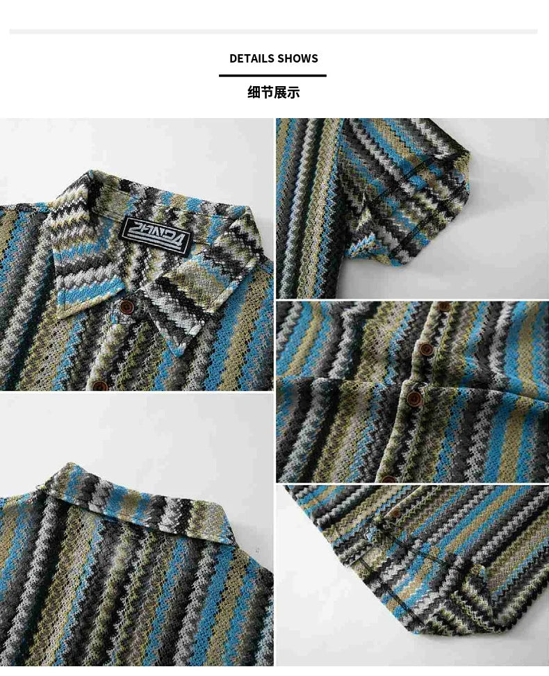 Novo étnico listrado masculino cardigan topos chique oco para fora manga curta casual camisa de renda moda streetwear premium blusa respirável