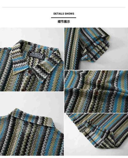 Novo étnico listrado masculino cardigan topos chique oco para fora manga curta casual camisa de renda moda streetwear premium blusa respirável