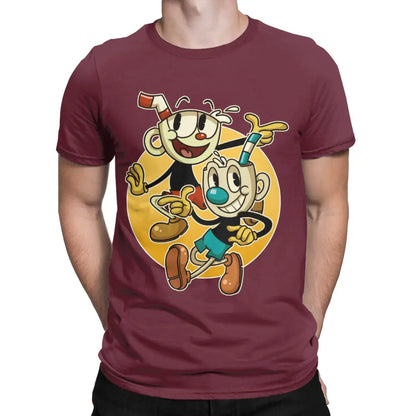 Cuphead & mugman retro jogos camisetas masculinas engraçado camiseta de manga curta o pescoço t-shirts algodão roupas tamanhos grandes