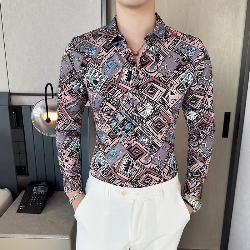 Camisa Coreana Estampada Masculina, Manga Comprida, Fina, Vestido, Festa, Negócios, Social, Boutique, Luxo, Primavera, Outono, 6XL