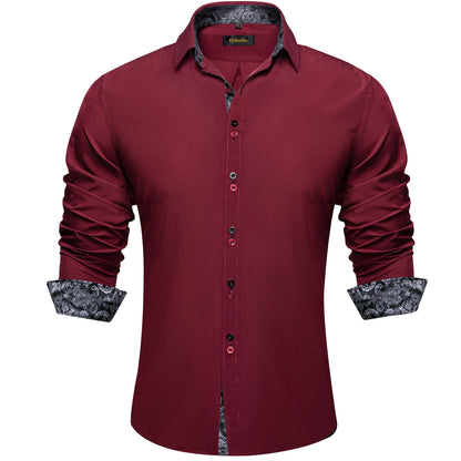 DiBanGu Camisa Masculina de Manga Longa Preto Sólido Vermelho Paisley Cor Contraste Moda Vestido Camisa para Homens Gola Botão para baixo Roupas Masculinas