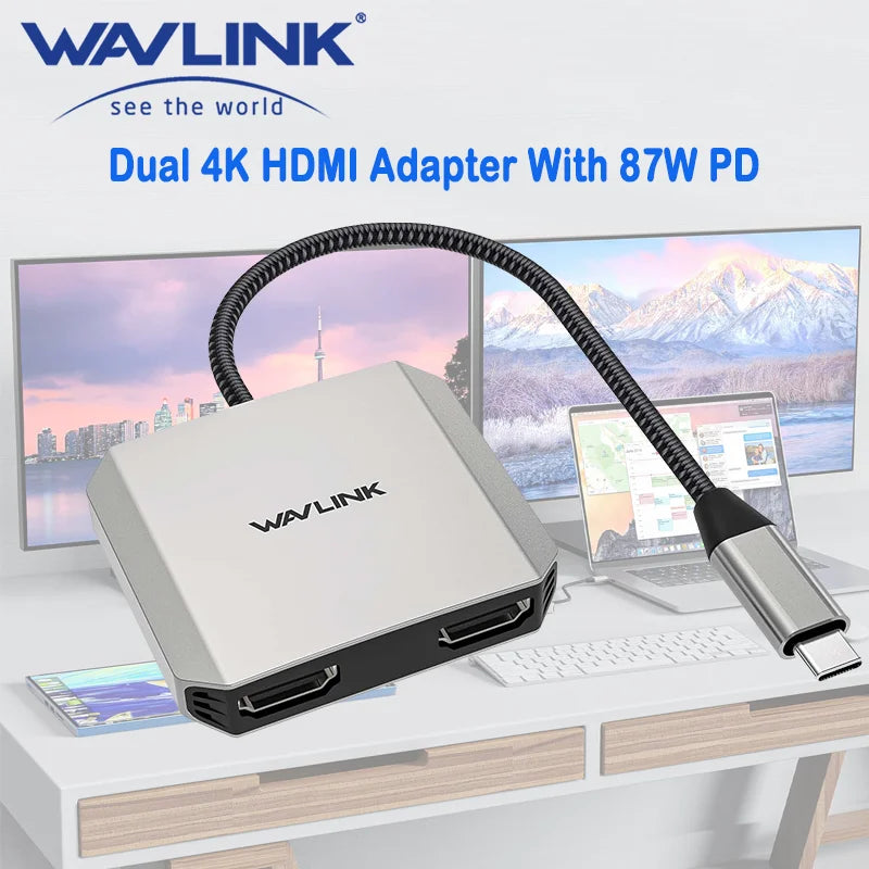 Wavlink 3-em-1 usb c para adaptador hdmi duplo com entrega de energia de 87w 4k @ 60hz para laptops macbook pro/air dell thunderbolt 3/4