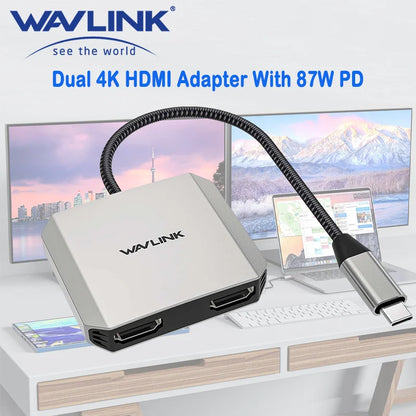 Wavlink 3-em-1 usb c para adaptador hdmi duplo com entrega de energia de 87w 4k @ 60hz para laptops macbook pro/air dell thunderbolt 3/4