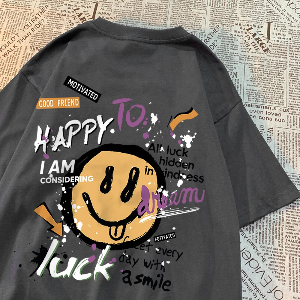 Feliz para sonhar sorte sorriso das mulheres dos homens camiseta de alta qualidade crewneck t camisas verão solto roupas esportivas algodão respirável t camisas