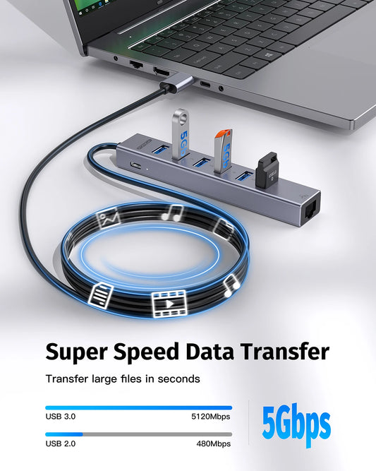 Forida USB 3.0 Hub 8 em 1 USB para rede HUB com 6 portas USB 3.0 de transmissão de dados Gigabit Ethernet e hub adaptador de alimentação 5V/3A
