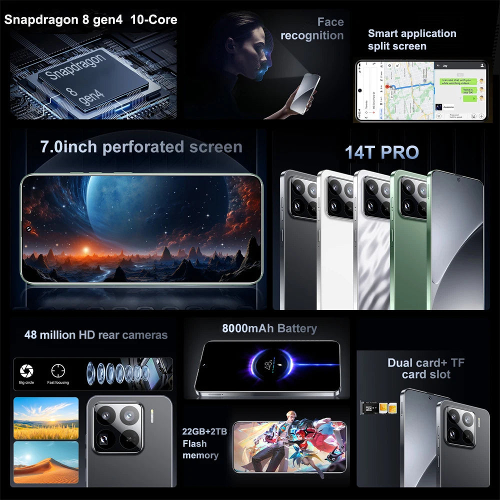 2025 novo 14t pro smartphone 5g 7.0hd cartão sim duplo 22g + 2tb telefone celular android telefones celulares desbloqueados versão global