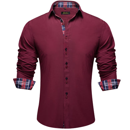 DiBanGu Camisa Masculina de Manga Longa Preto Sólido Vermelho Paisley Cor Contraste Moda Vestido Camisa para Homens Gola Botão para baixo Roupas Masculinas