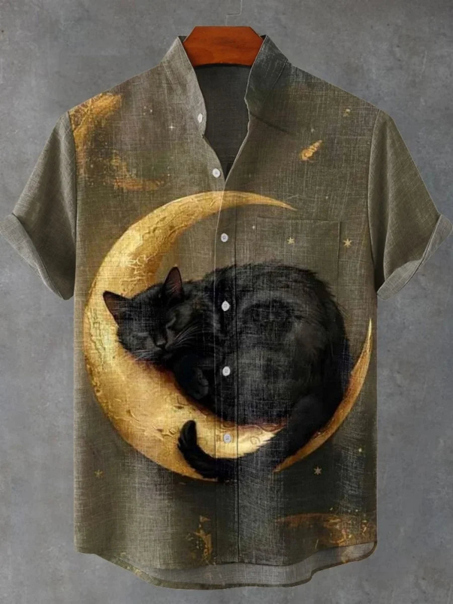 2025 moda casual masculina nova camisa de linho arte impressão bonito gato padrão camisas moda rua casual confortável camisa masculina