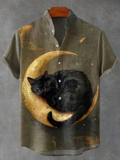 2025 moda casual masculina nova camisa de linho arte impressão bonito gato padrão camisas moda rua casual confortável camisa masculina