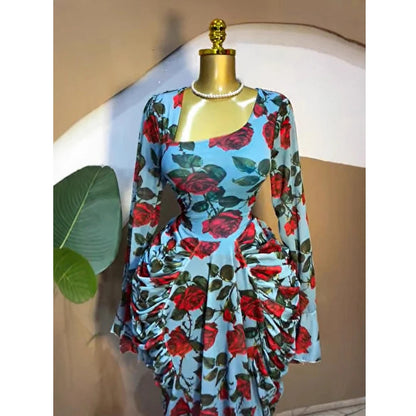 Vestidos de jantar elegantes para mulheres vestidos de festa de aniversário 2025 outono moda impressa manga cheia cabido ruched maxi vestido longo