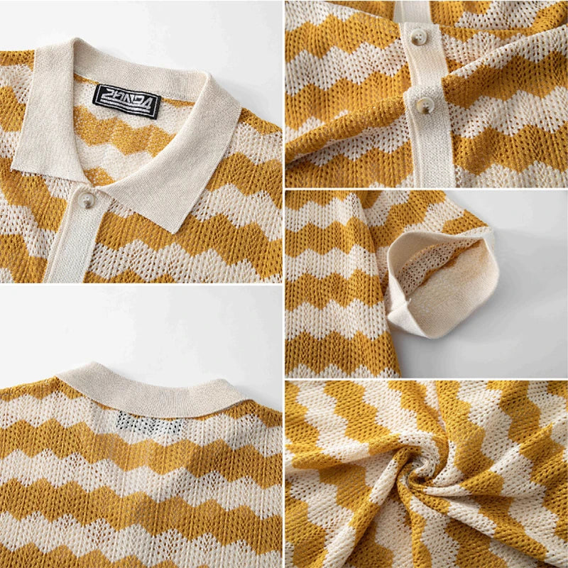 Diário casual respirável oco para fora camisa masculina tricô turn-down colarinho botão-up camisas verão nova moda masculina camisas listradas