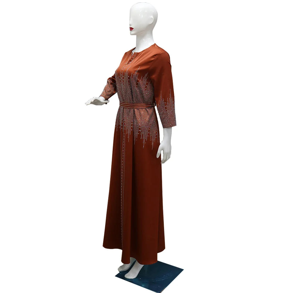 Vestido muçulmano de cetim para mulheres, Abaya Dubai, roupão de jantar, roupas diamantadas, moda