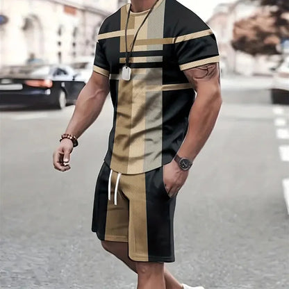 Conjunto de camiseta e shorts estampados em retalhos 3D masculino, traje de treino gola redonda, roupas esportivas casuais, roupas de manga curta, moda verão, 2 peças, 2024