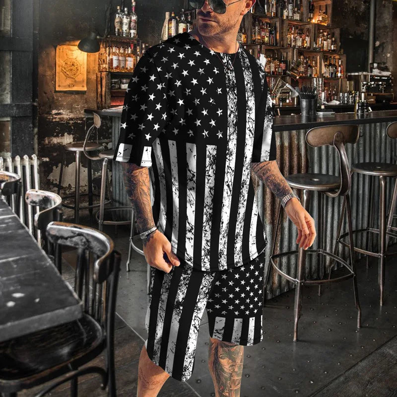 Verão novos conjuntos de listra de roupas esportivas masculinas de manga curta camiseta terno shorts de grandes dimensões esportes roupa de duas peças roupas masculinas