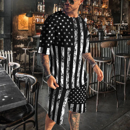 Verão novos conjuntos de listra de roupas esportivas masculinas de manga curta camiseta terno shorts de grandes dimensões esportes roupa de duas peças roupas masculinas