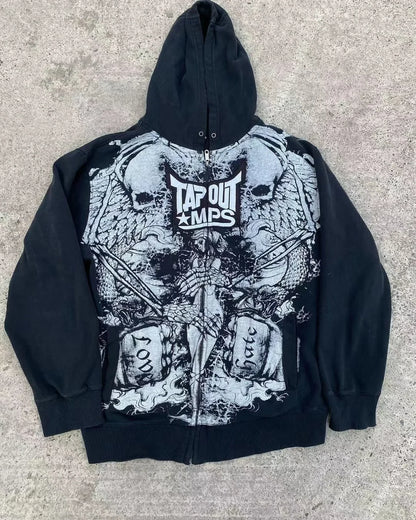 2000s crânio padrão gótico hoodie y2k zíper rosto coberto crânio padrão impresso hoodie casual punk hip hop rua retro engraçado