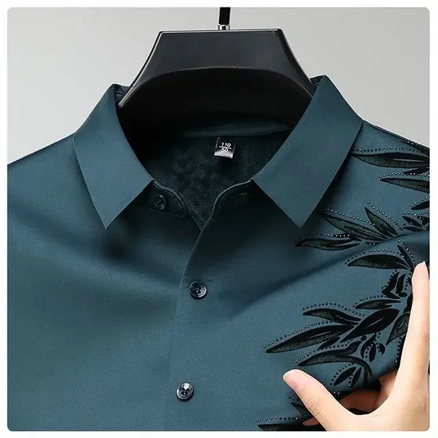 Outono inverno mais lã camisas masculinas impressão anti-rugas térmica turn-down colarinho manga longa banquete único breasted topos