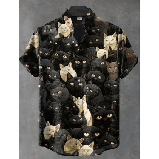 2025 moda casual masculina nova camisa de linho arte impressão bonito gato padrão camisas moda rua casual confortável camisa masculina