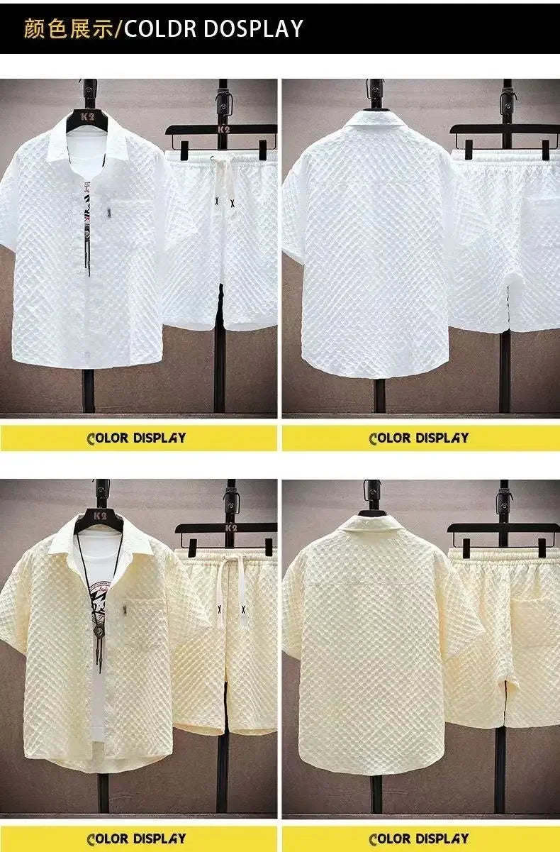 Conjunto de camisa e shorts xadrez xadrez xadrez de manga curta masculino, casual roupas oversize, coreano, luxo, alta qualidade, 2 peças