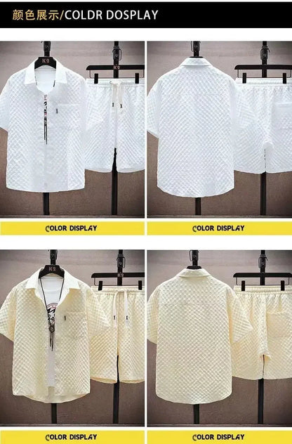 Conjunto de camisa e shorts xadrez xadrez xadrez de manga curta masculino, casual roupas oversize, coreano, luxo, alta qualidade, 2 peças