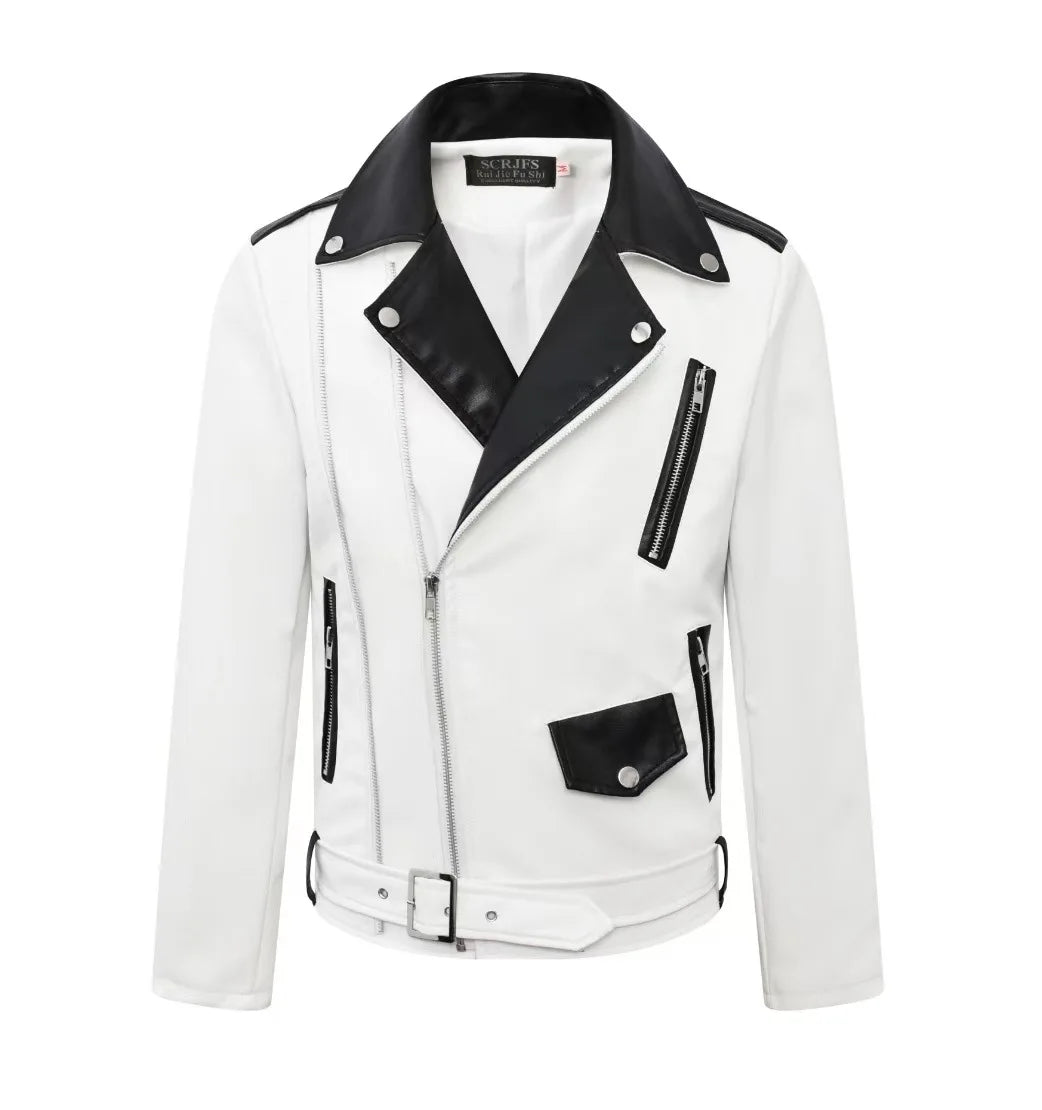 2025 masculino novo bonito, novo zíper oblíquo, jaqueta de couro PU locomotiva combinando com cores casuais