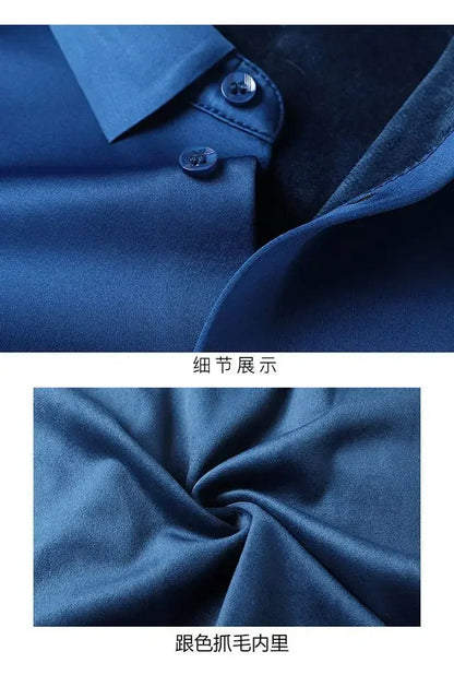 Outono inverno mais lã camisas masculinas impressão anti-rugas térmica turn-down colarinho manga longa banquete único breasted topos