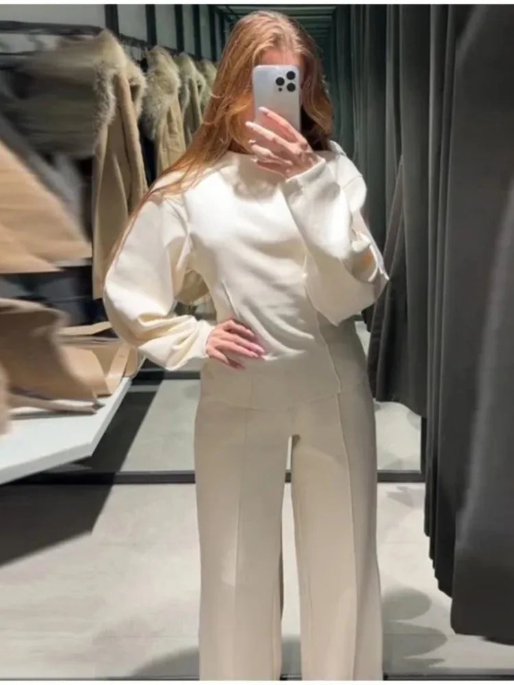 Mulher casual sólido conjunto de duas peças moda o pescoço mangas compridas magro topos calças de perna larga ternos outono inverno senhora roupa de escritório