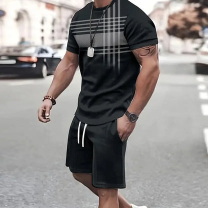 Conjunto de camiseta e shorts estampados em retalhos 3D masculino, traje de treino gola redonda, roupas esportivas casuais, roupas de manga curta, moda verão, 2 peças, 2024